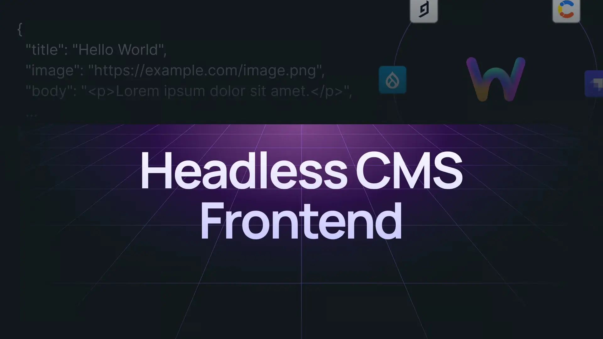 "headless CMS frontend" with JSON response, and Webstudio logo with various headless CMS logos orbiting it